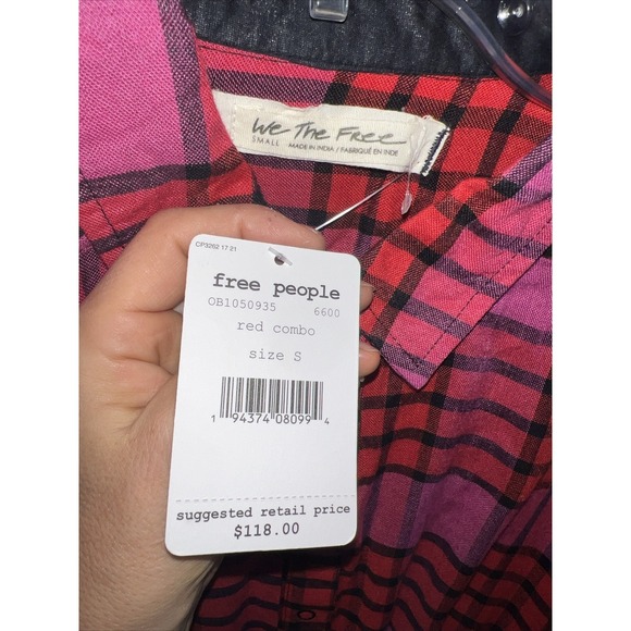 Free People Blouse Womens Small Pacific Dawn Plaid in Red Combo Button Up NEW - Picture 7 of 12